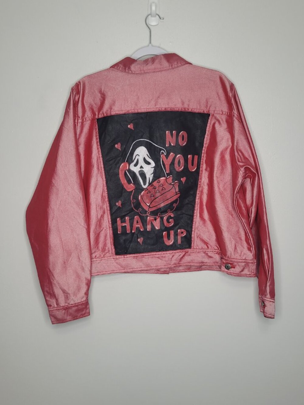 Upcycled Ghostface scream "no you hang up" comedy horror jacket size 18/20